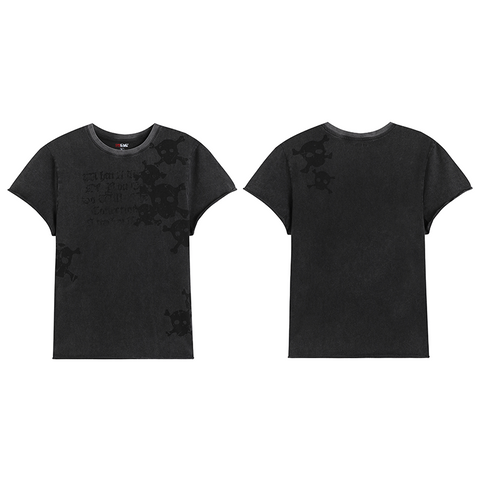DND4DES Skeleton Printed Washed Outdated Curled Shoulder T-shirt American Street Trendy Brand Short Sleeve Three Color Slim Fit