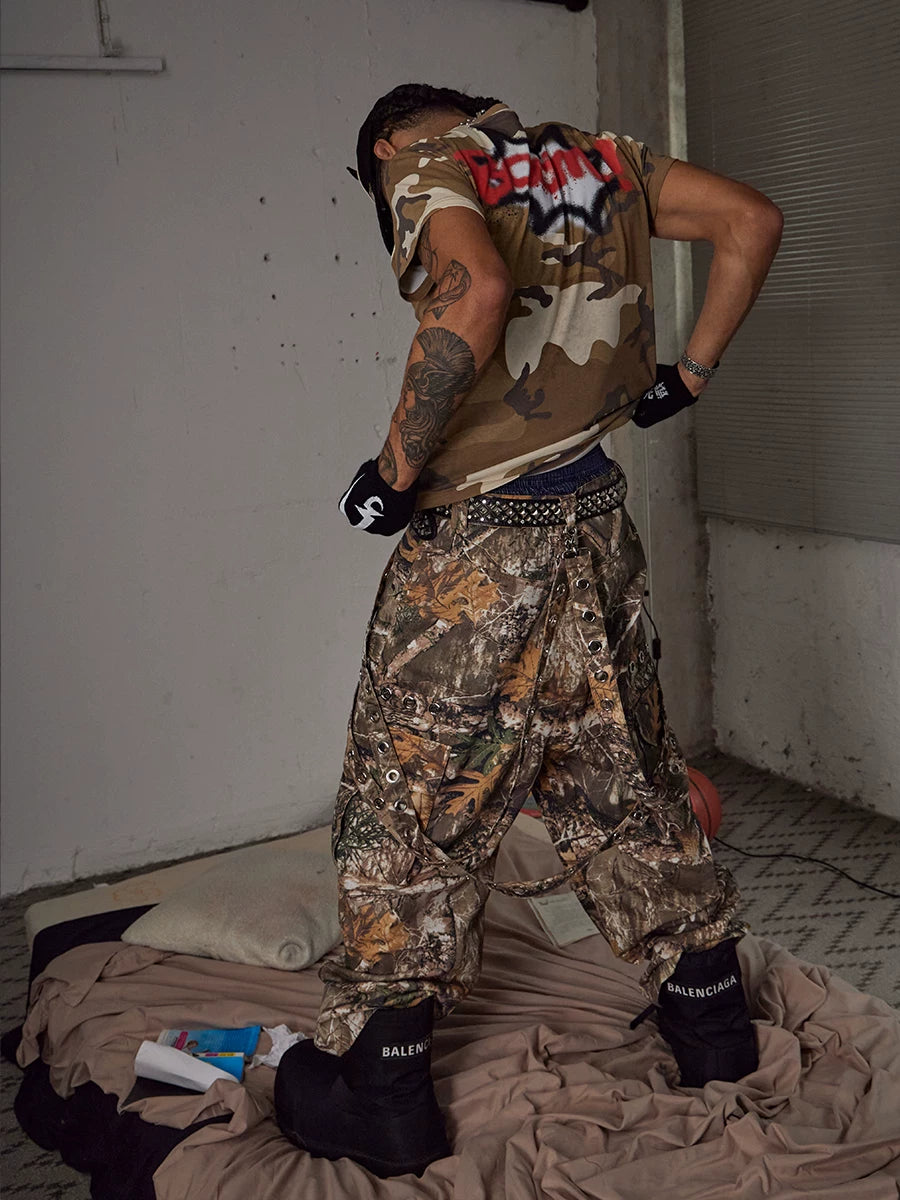 DND4DES American original detachable ribbon octopus pants tree branch camouflage pants wide leg pants