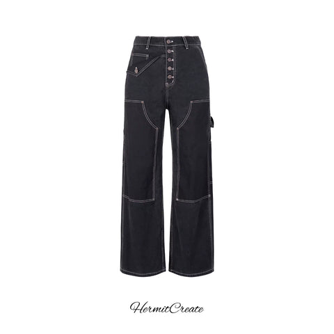HC/HermitCreate Double Knee Aged Five Buckle Lumber Pants Washed Vintage Multi Pocket Street Trend