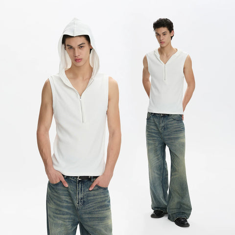 A PUEE half zip hooded slim fit sleeveless vest cleanfit simple commuting short T-shirt fitness top
