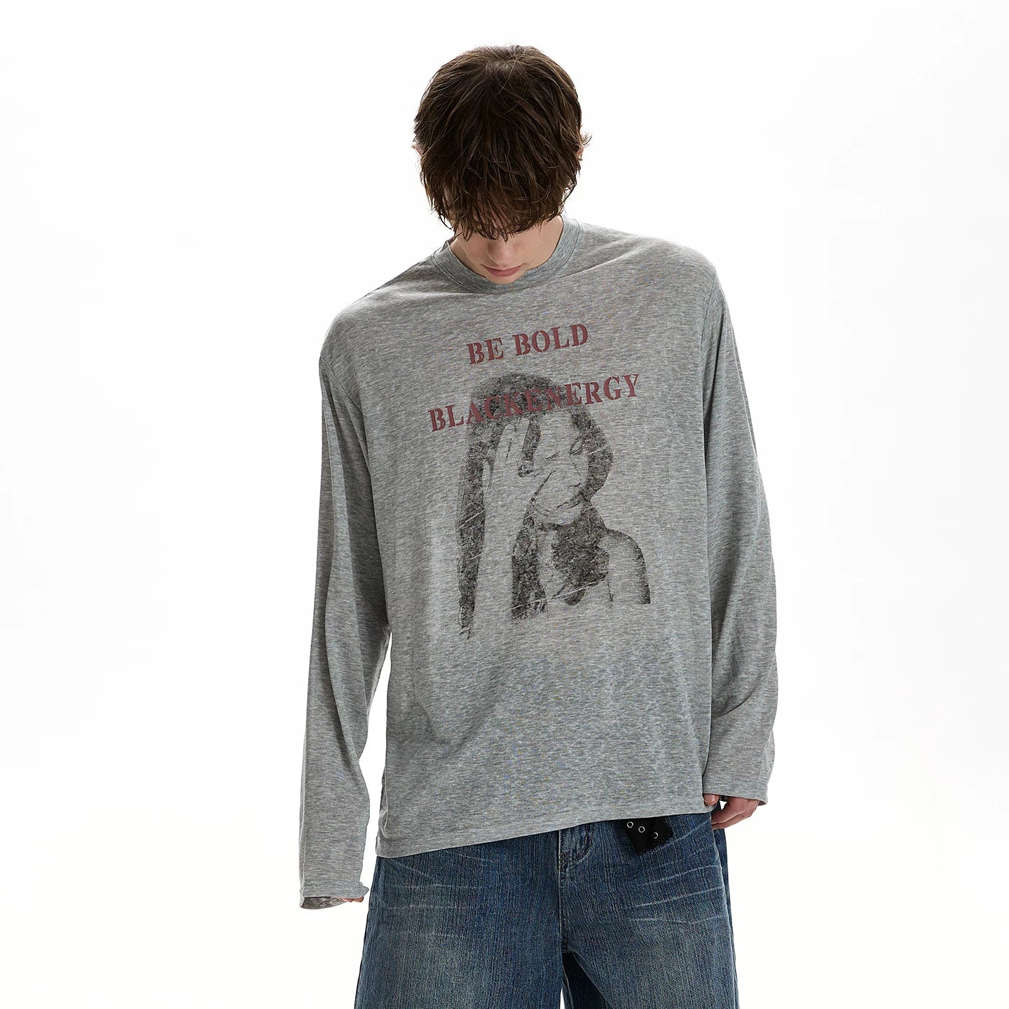 A PUEE retro vintage character letter printed long sleeved T-shirt, cool and loose casual versatile top, cover up, trendy