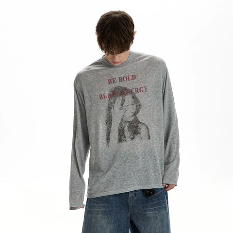 A PUEE retro vintage character letter printed long sleeved T-shirt, cool and loose casual versatile top, cover up, trendy