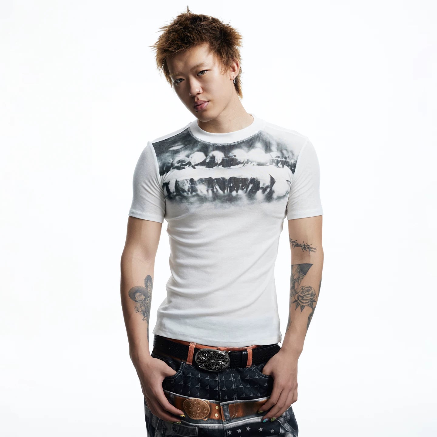 DND4DES dental drill opium dark tight print elastic slim fit wool blend inner bottom short sleeved T-shirt