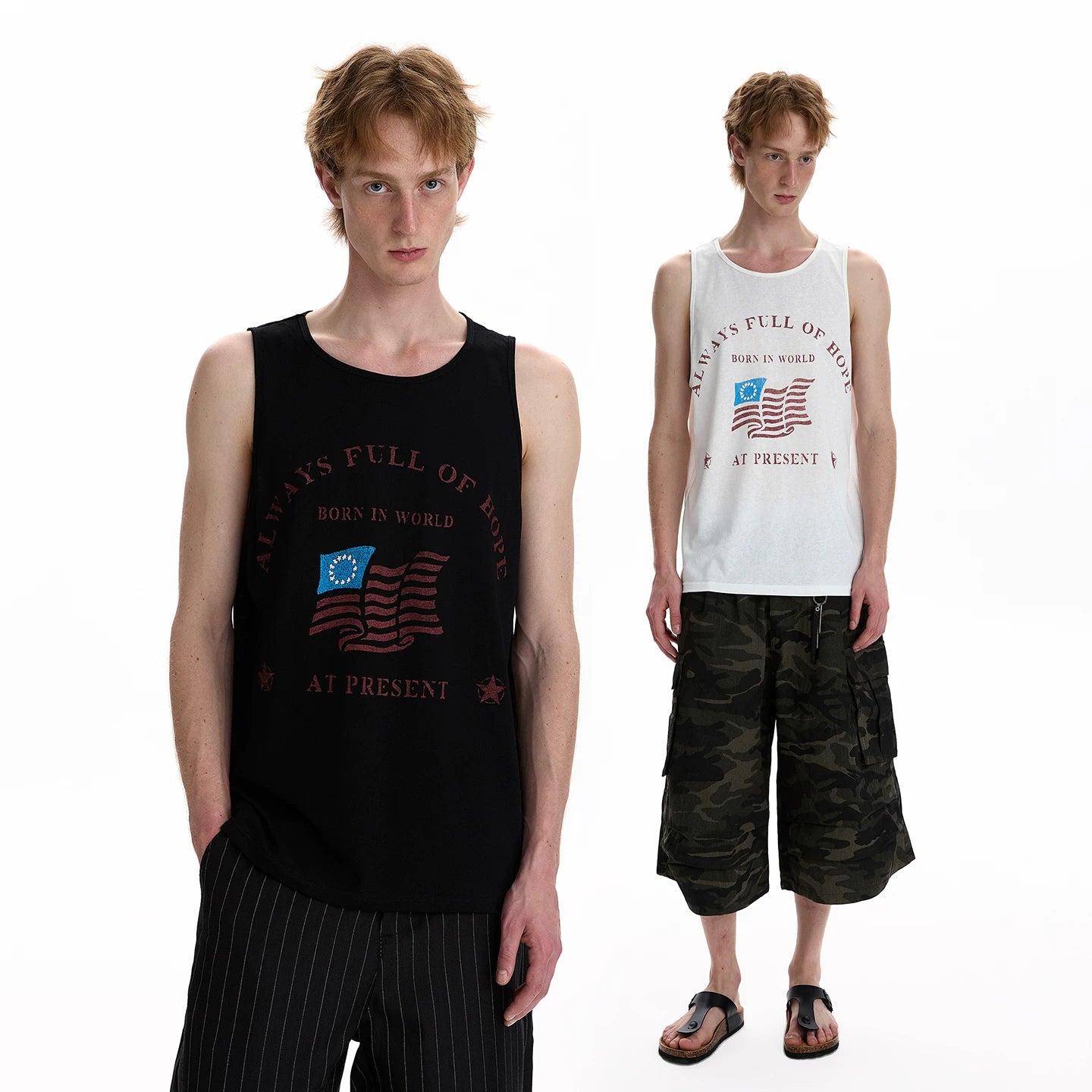 A PUEE American letter printed sweat vest cleanfit casual loose and versatile skin friendly T-shirt top