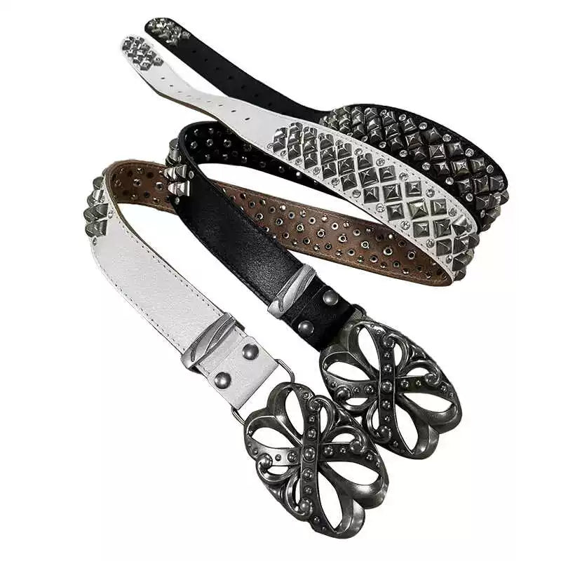 Retro punk style rhinestone leather belt, unisex rivet metal belt