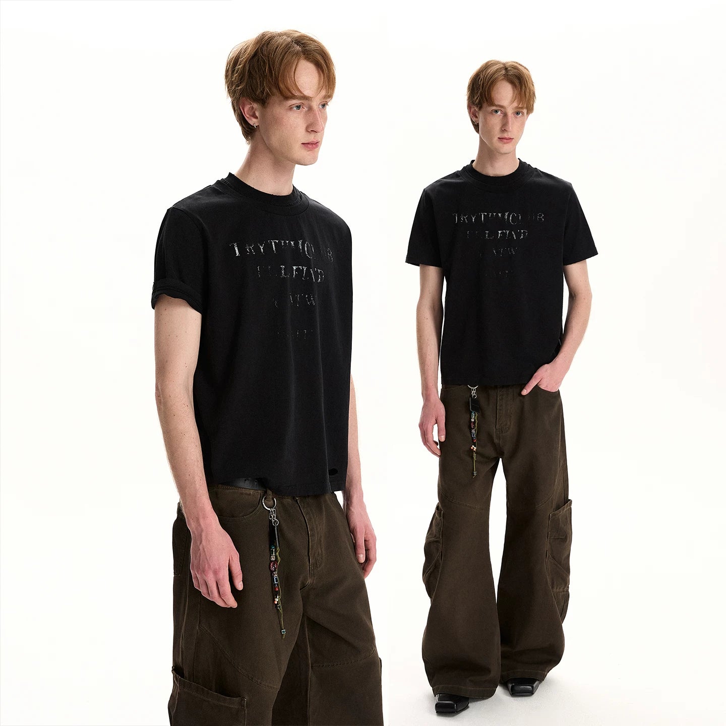 A PUEE Retro Vintage Vintage Double Collar Short Sleeve T-shirt Trendy Street Rascal Handsome Loose Boxy Short Top