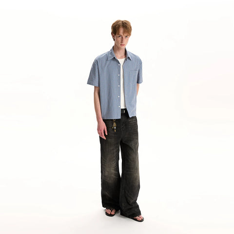 A PUEE American retro old money style short sleeved checkered shirt for men and women boxy short versatile commuting top