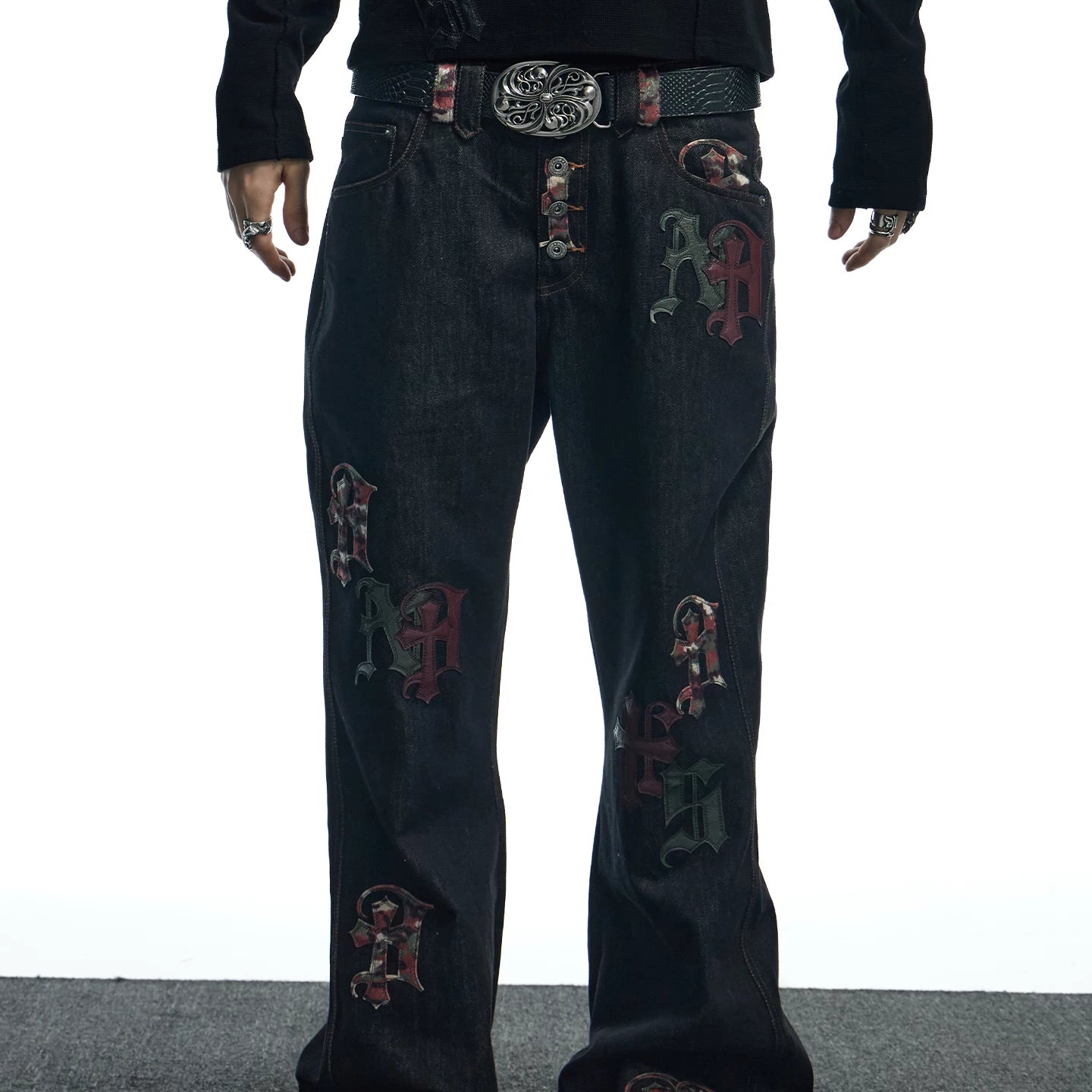 DND4DES American Street Gothic Camouflage Patch Leather Five Buckle Straight Tube Original Cow Casual Jeans Pants
