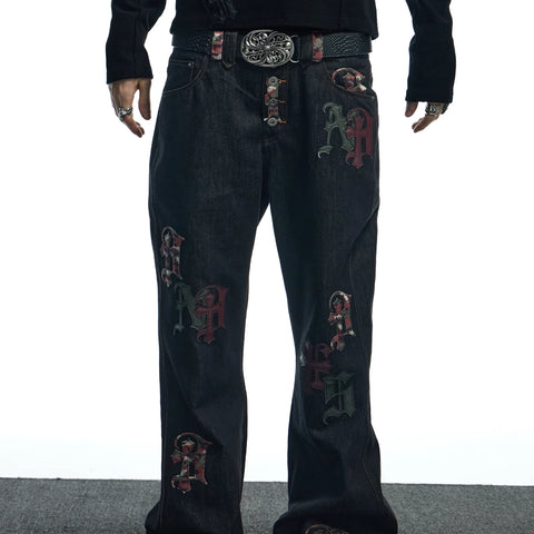 DND4DES American Street Gothic Camouflage Patch Leather Five Buckle Straight Tube Original Cow Casual Jeans Pants