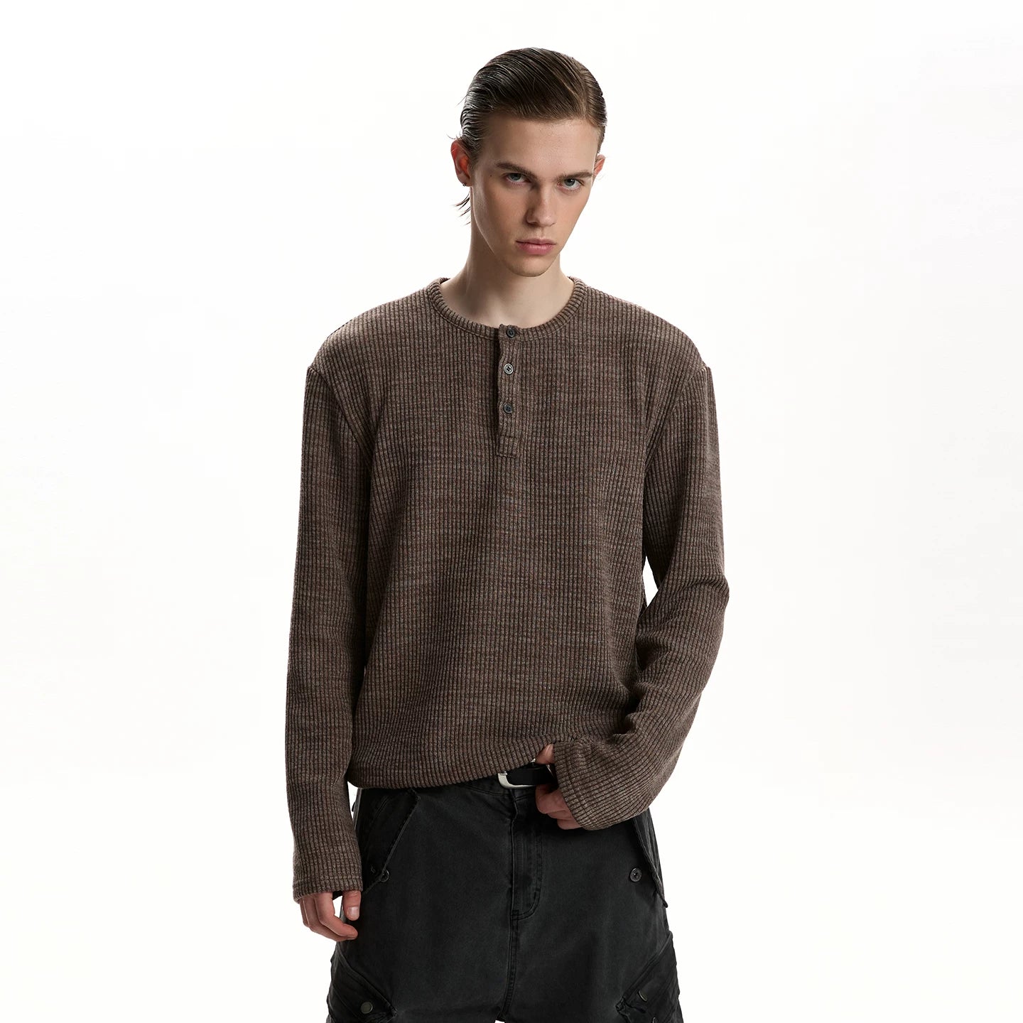 A PUEE retro casual Henry collar long sleeved T-shirt cleanfit spring high-end feeling old money top base shirt