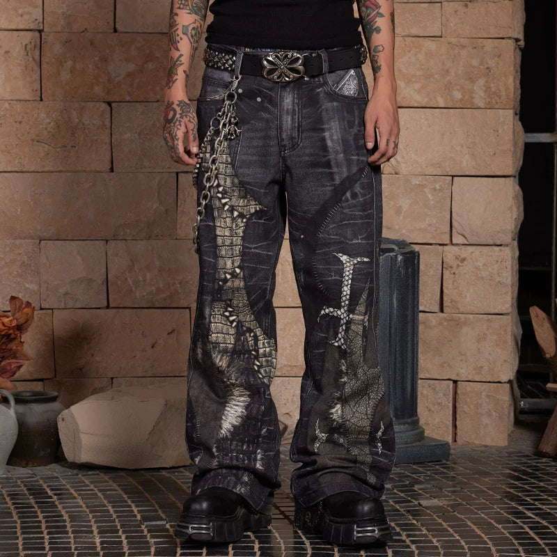 DND4DES Left Handed Zhang Yanqi Original Niche Digital Printed Cross Splicing Straight Leg Pants