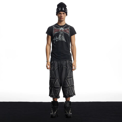 DND4DES American street design, casual, heavy-duty, washed and worn, loose knit cropped shorts