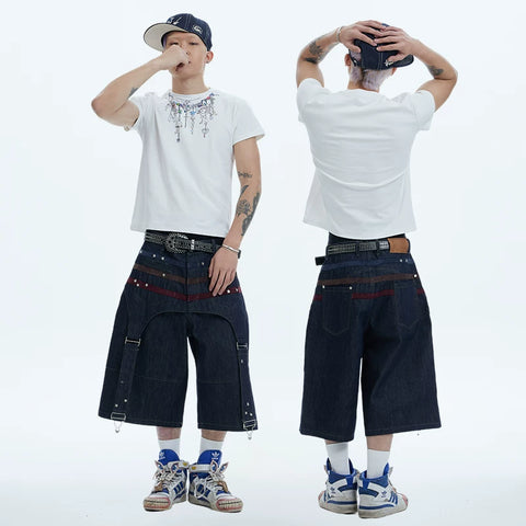 Sun Ensheng Luzhuo Same Style DND4DES Star Suede Splicing Danning Original Cow Seven Point Shorts Cowboy Mid Pants