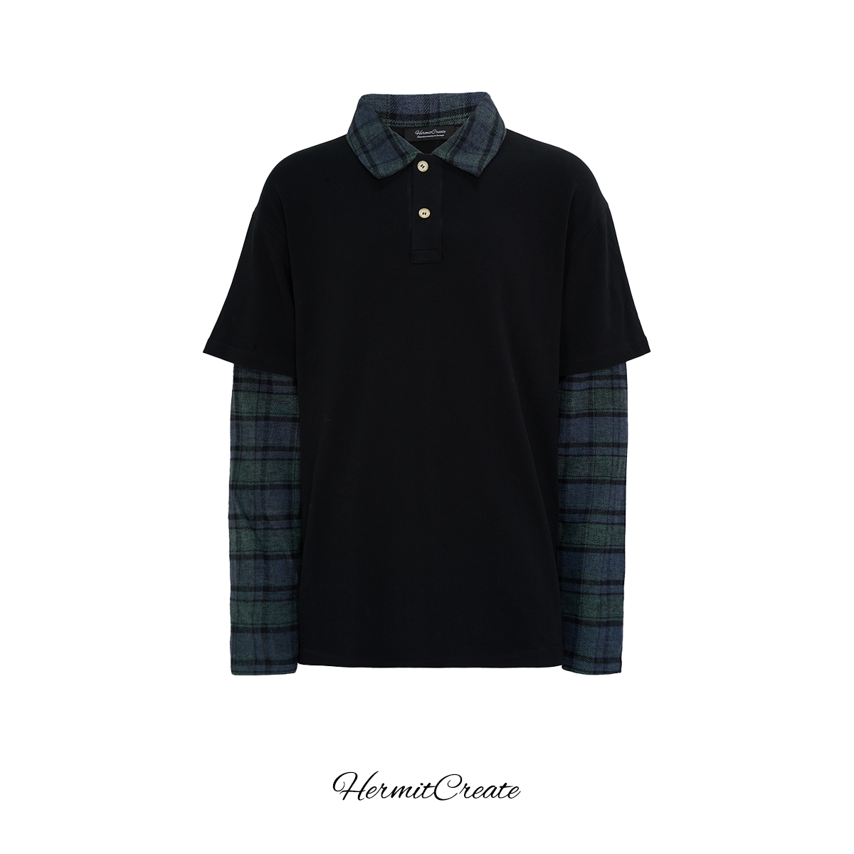 HC/HermitCreate fake two polo long sleeved T-shirts with grid pattern splicing, relaxed and lazy feeling, old money