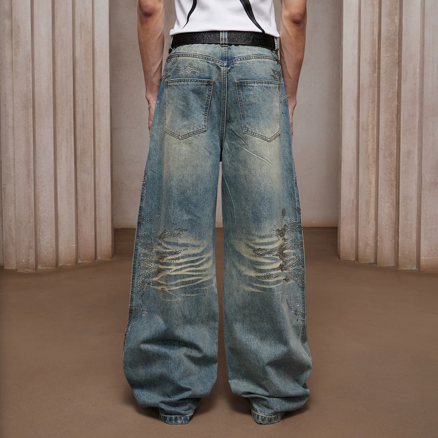 DND4DES Ding Yuxi Same Style American Heavy Industry Wash Dirty Stained Starry Sky Cross Color Hot Drilled Straight leg Jeans
