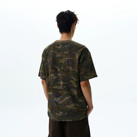 A PUEE American retro vintage made with old patches, embroidered short sleeved T-shirt, vintage style camouflage, cool and trendy top