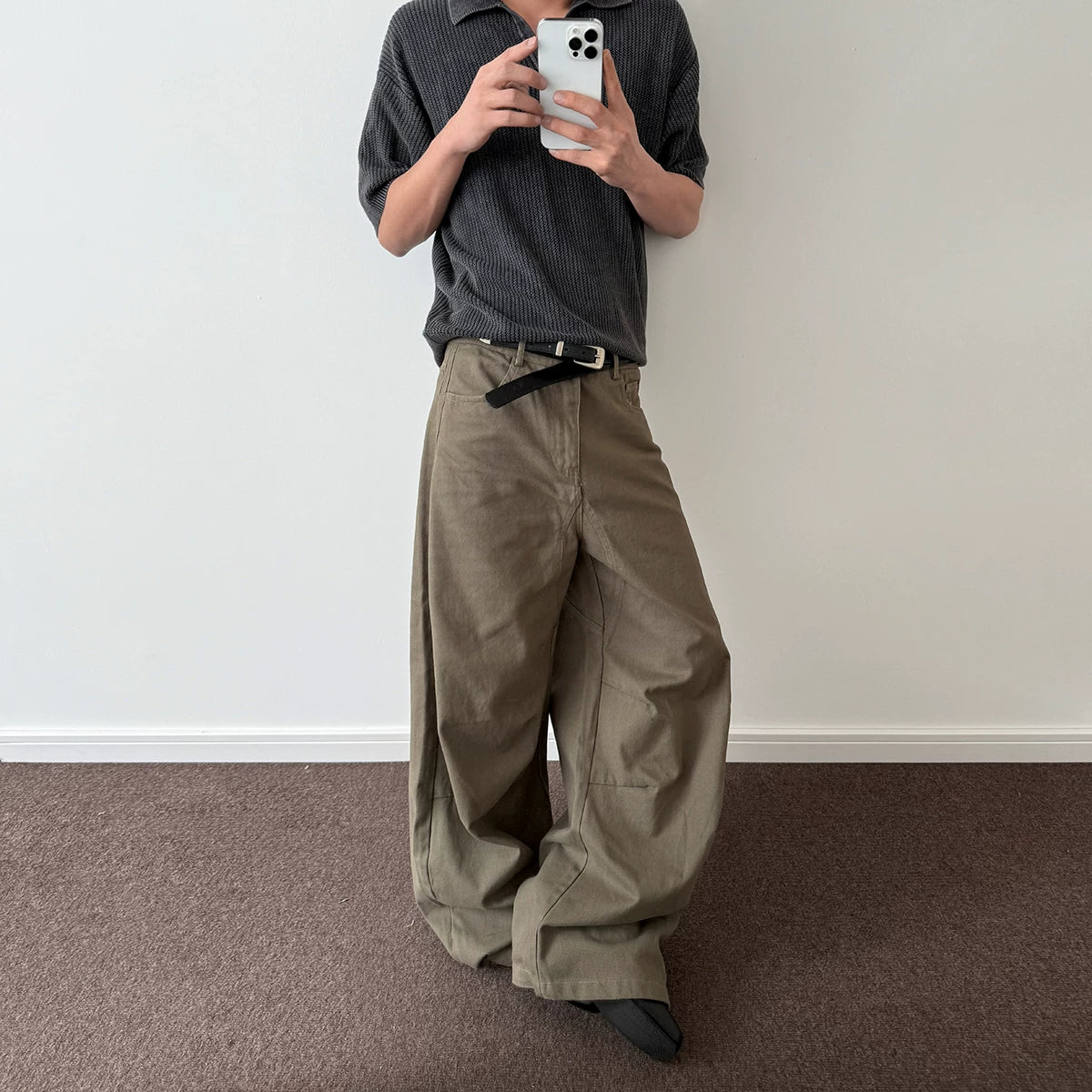 A PUEE American retro distressed pleated work pants men's trendy straight tube slightly flared slimming cleanfit curved knife pants