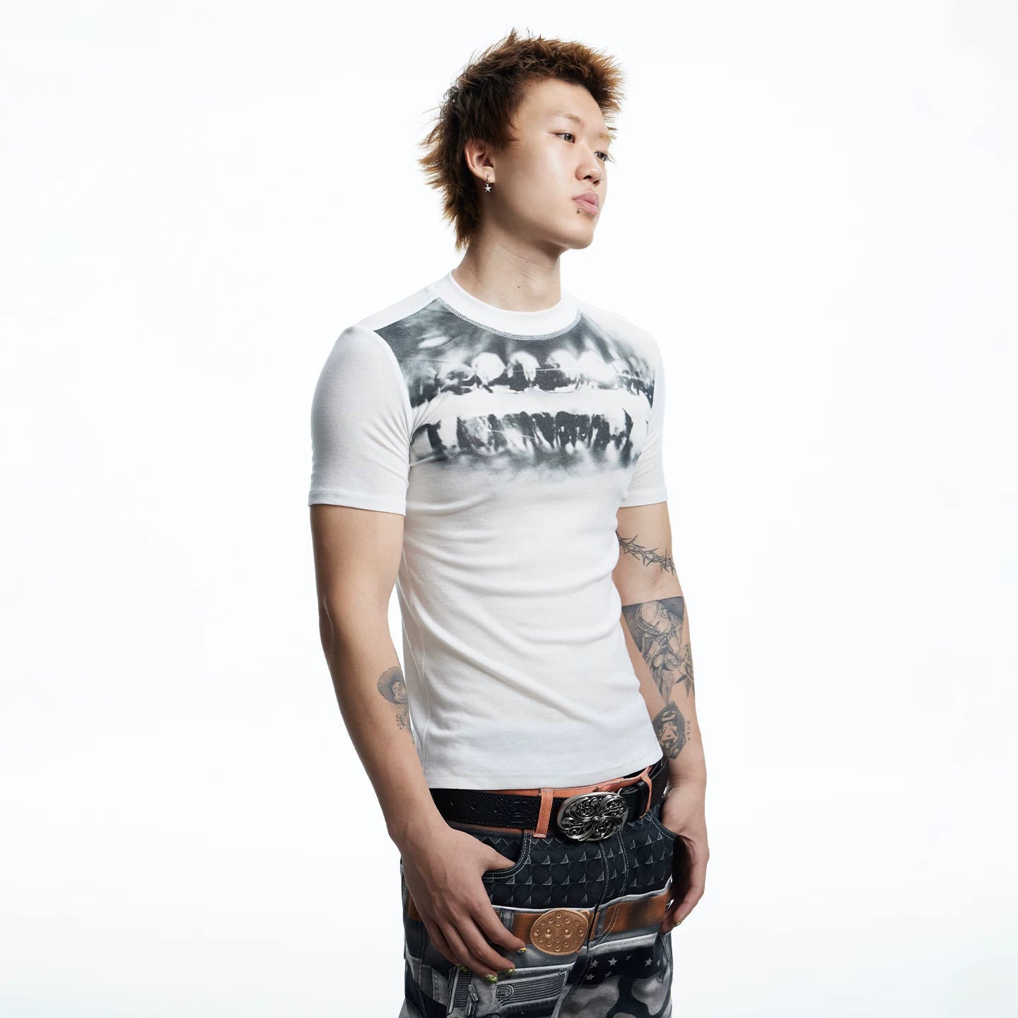 DND4DES dental drill opium dark tight print elastic slim fit wool blend inner bottom short sleeved T-shirt
