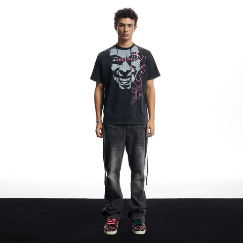 DND4DES American Street Heavy Industry Washed Old Dark Punk Note Portrait Loose Short sleeved T-shirt