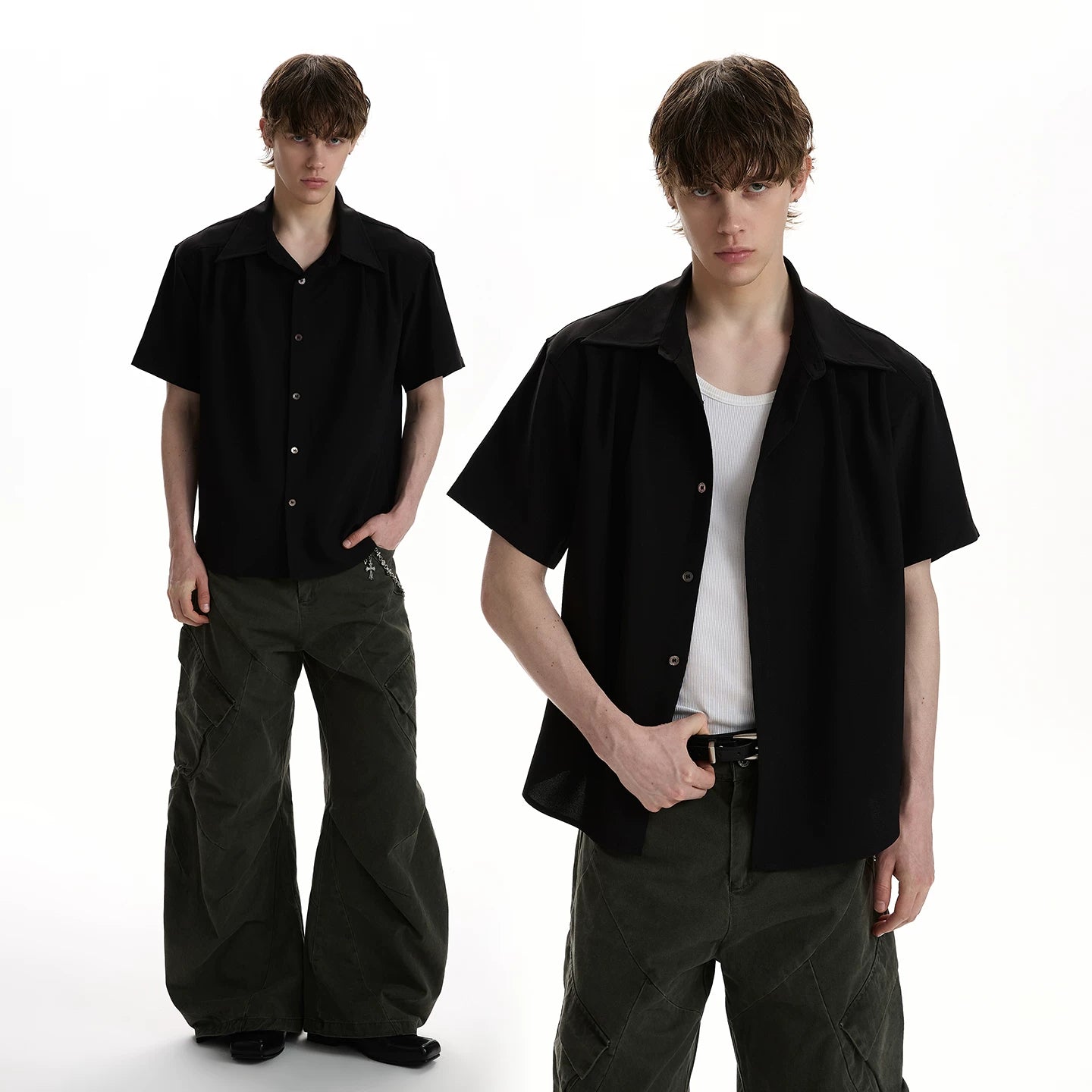 A PUEE classic minimalist deconstructive cut short sleeved shirt cleanfit, high-end casual versatile shoulder shirt