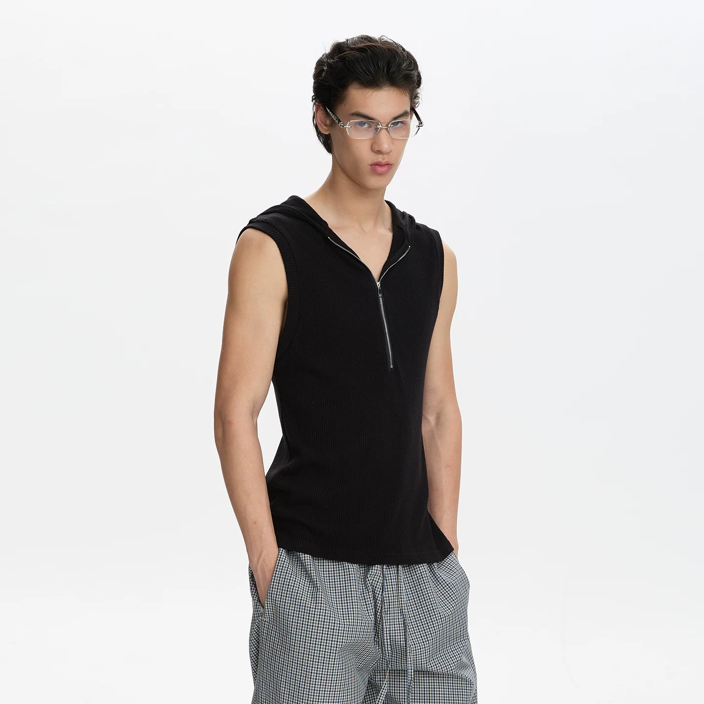 A PUEE half zip hooded slim fit sleeveless vest cleanfit simple commuting short T-shirt fitness top