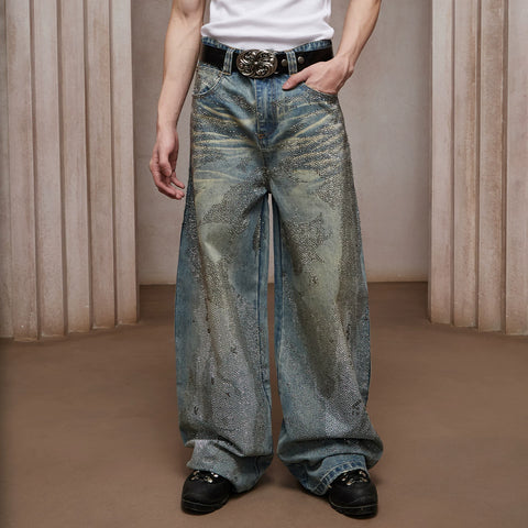 DND4DES Ding Yuxi Same Style American Heavy Industry Wash Dirty Stained Starry Sky Cross Color Hot Drilled Straight leg Jeans