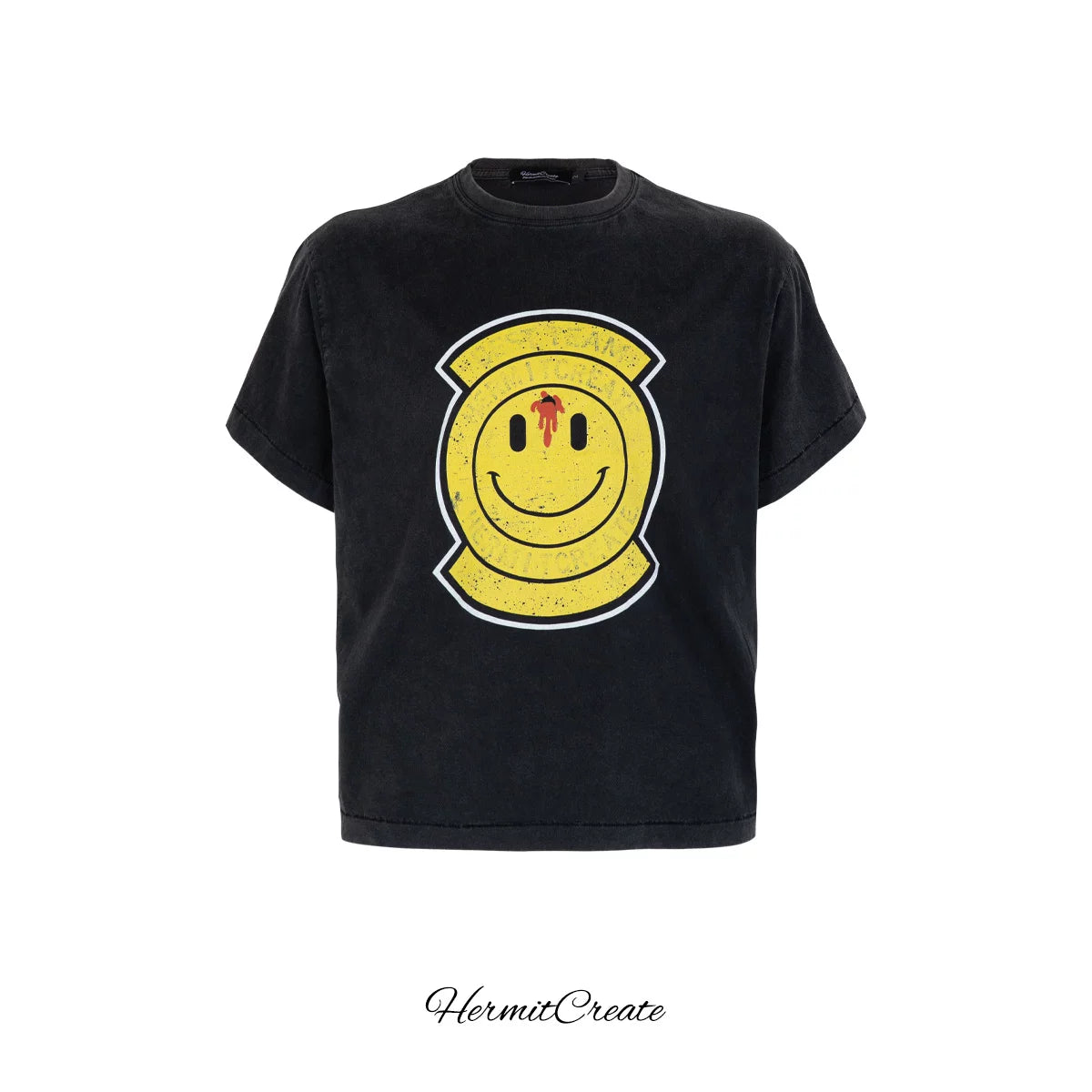 HC/HermitCreate Washed Vintage Printed Short Sleeves with Smiling Faces Mock Flat Street Loose Boxy Version