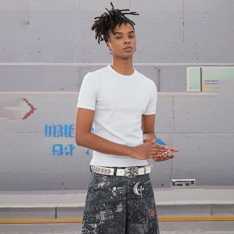 DND4DES American Street Hip Hop Rap Elastic Basic Tight Fit Thread T-shirt Short Sleeve Base