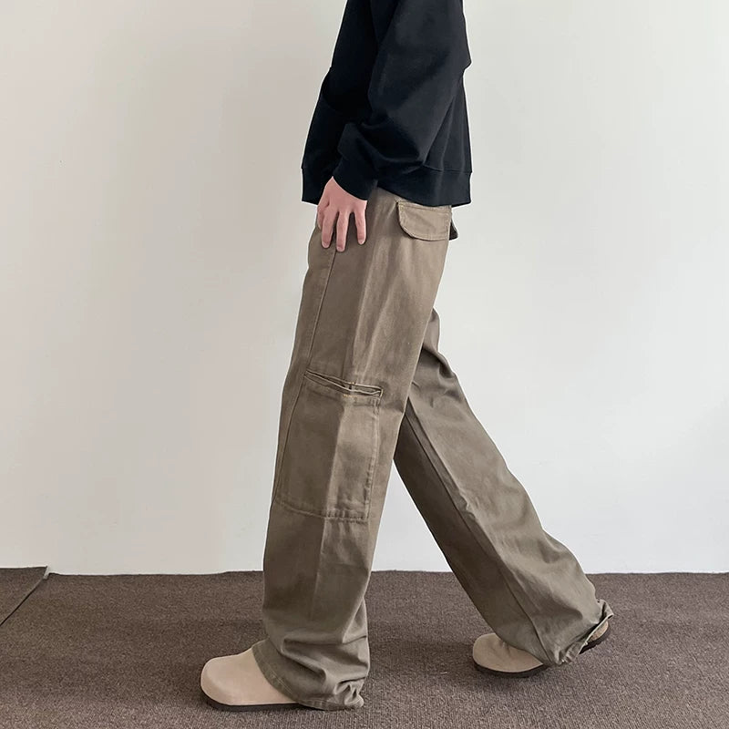 American retro Maillard brown multi pocket workwear jeans men's high street cleanfit straight leg micro flared pants