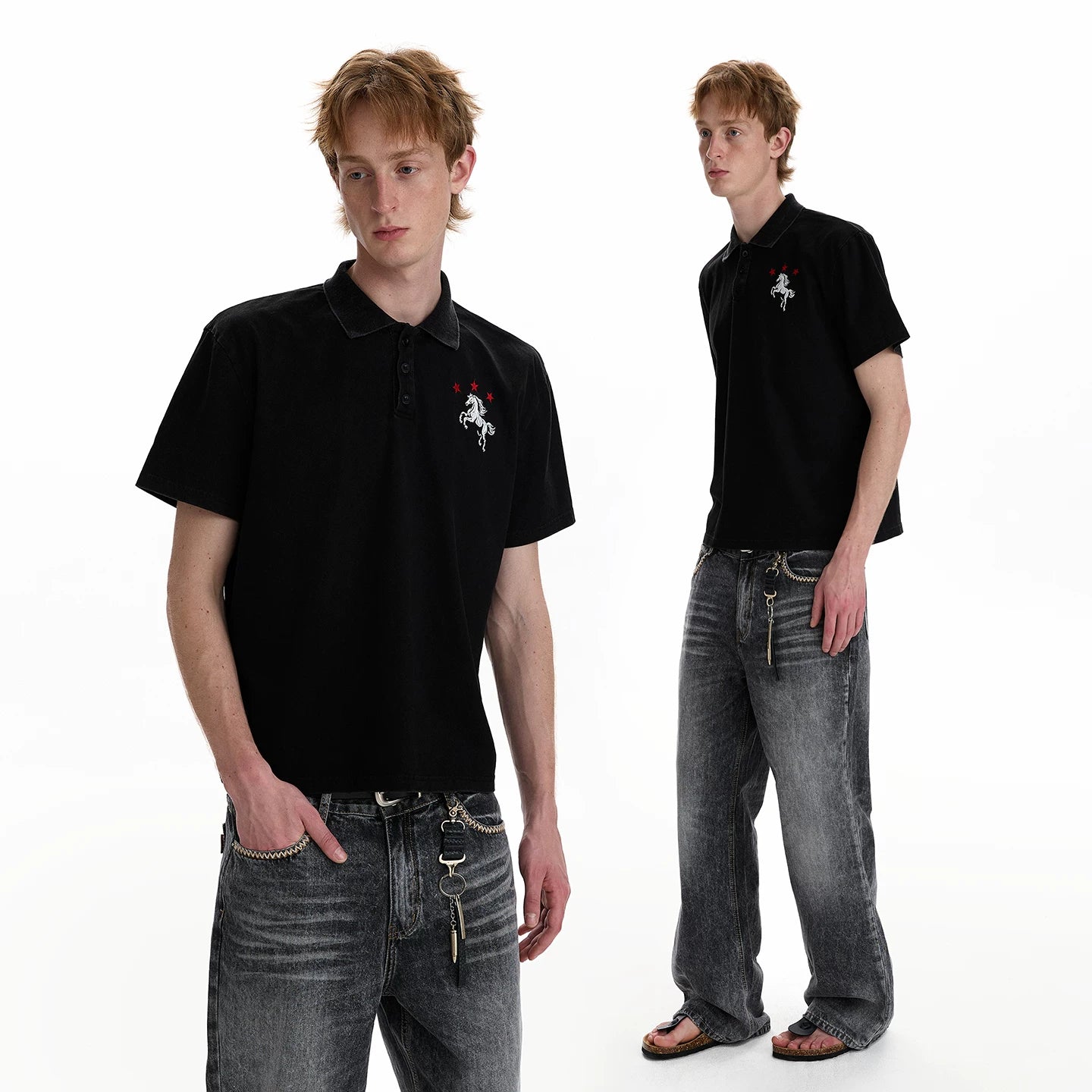 A PUEE Year of the Horse Embroidered Design Polo Shirt Short Sleeve Men's and Women's Vintage Vintage Vintage Short Style Collar Top Summer