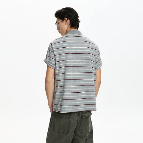 A PUEE American retro striped embroidered design short sleeved polo shirt for men and women, lazy and high-end loose top