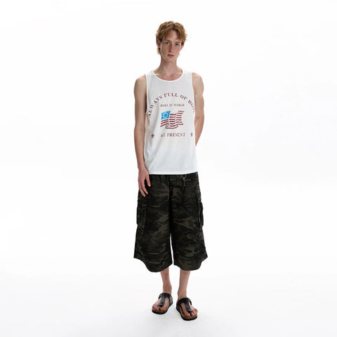 A PUEE retro American multi pocket camouflage workwear cropped pants with wide legs for men and women, loose and cool casual shorts for summer