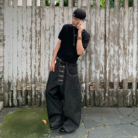 Mu Zhicheng, Wang Yiheng, Same Style DND4DES American Street Dening Original Bull Airplane Buckle Baggy Curved Knife Jeans