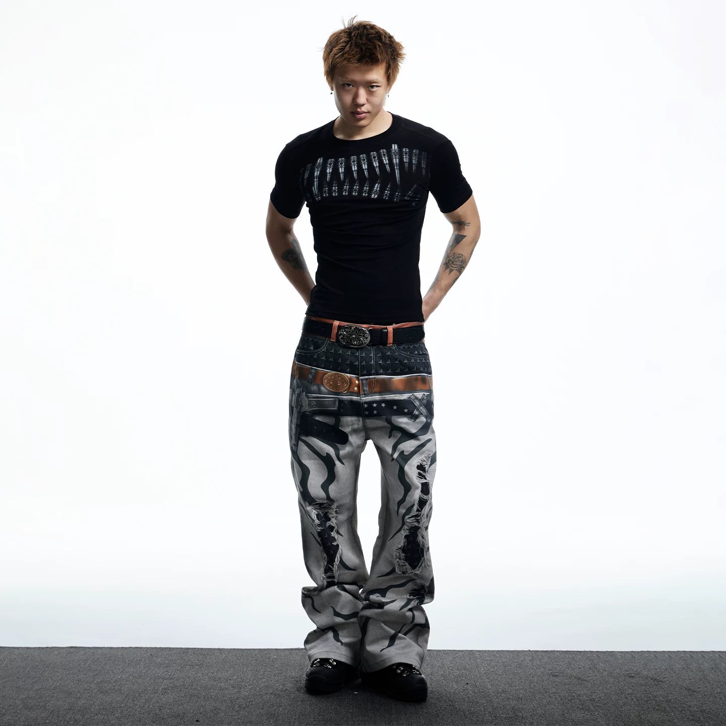DND4DES American High Street Bullet Printed T-shirt Elastic Tight Gothic Dark Wind Wool Blended Short Sleeve