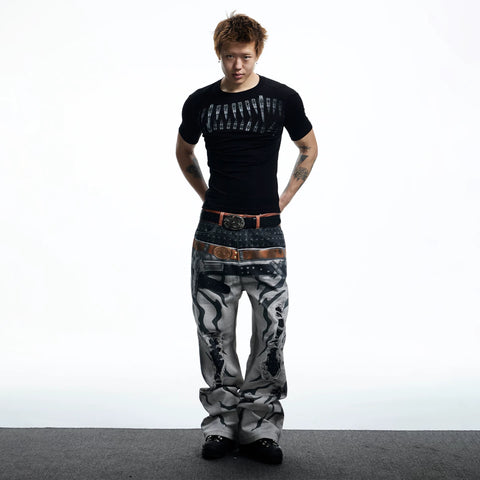 DND4DES American High Street Bullet Printed T-shirt Elastic Tight Gothic Dark Wind Wool Blended Short Sleeve