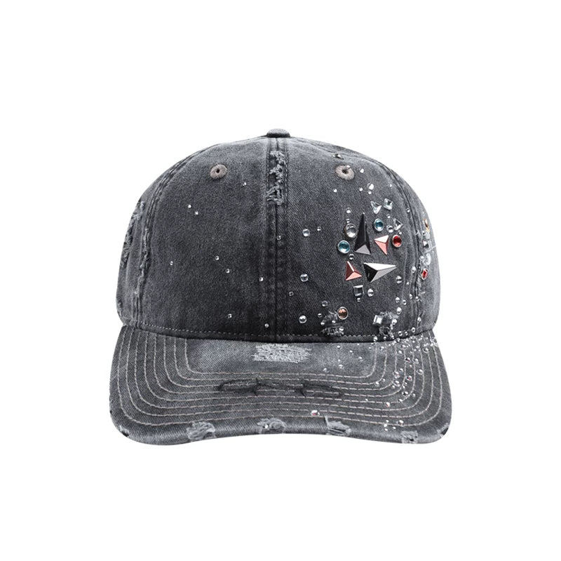 DND4DES washed denim baseball cap, American style big head circumference, wide brim, heavy-duty damage hardware, rhinestone duckbill cap