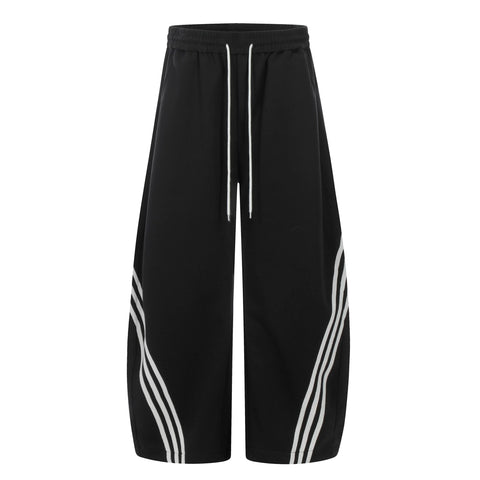 A PUEE American retro three bar splicing curved knife guard pants for men and women baggy wide leg loose sports casual pants