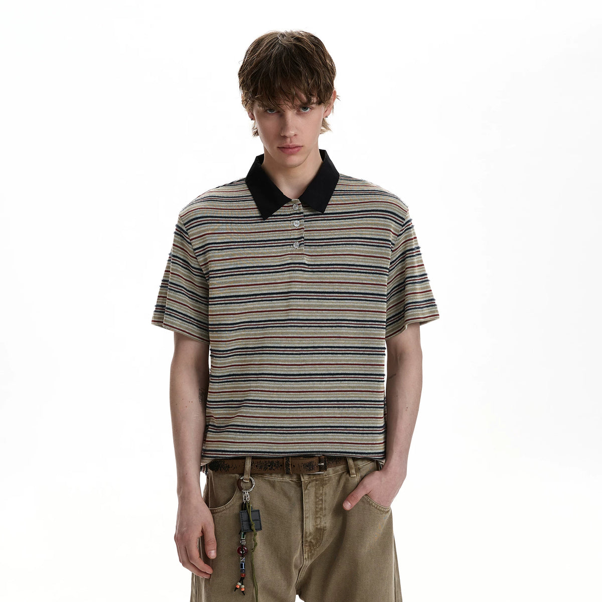 A PUEE retro vintage vintage style striped polo shirt short sleeved T-shirt for men and women boxy short commuting loose top summer
