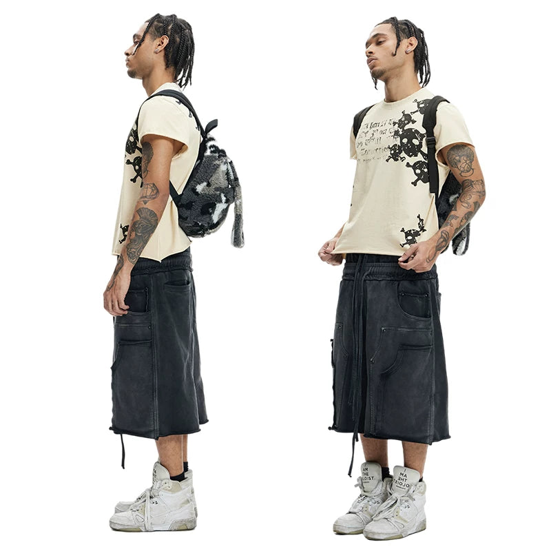 DND4DES original design deconstruction double waisted washed distressed cropped pants 340g pure cotton shorts loose sweatpants