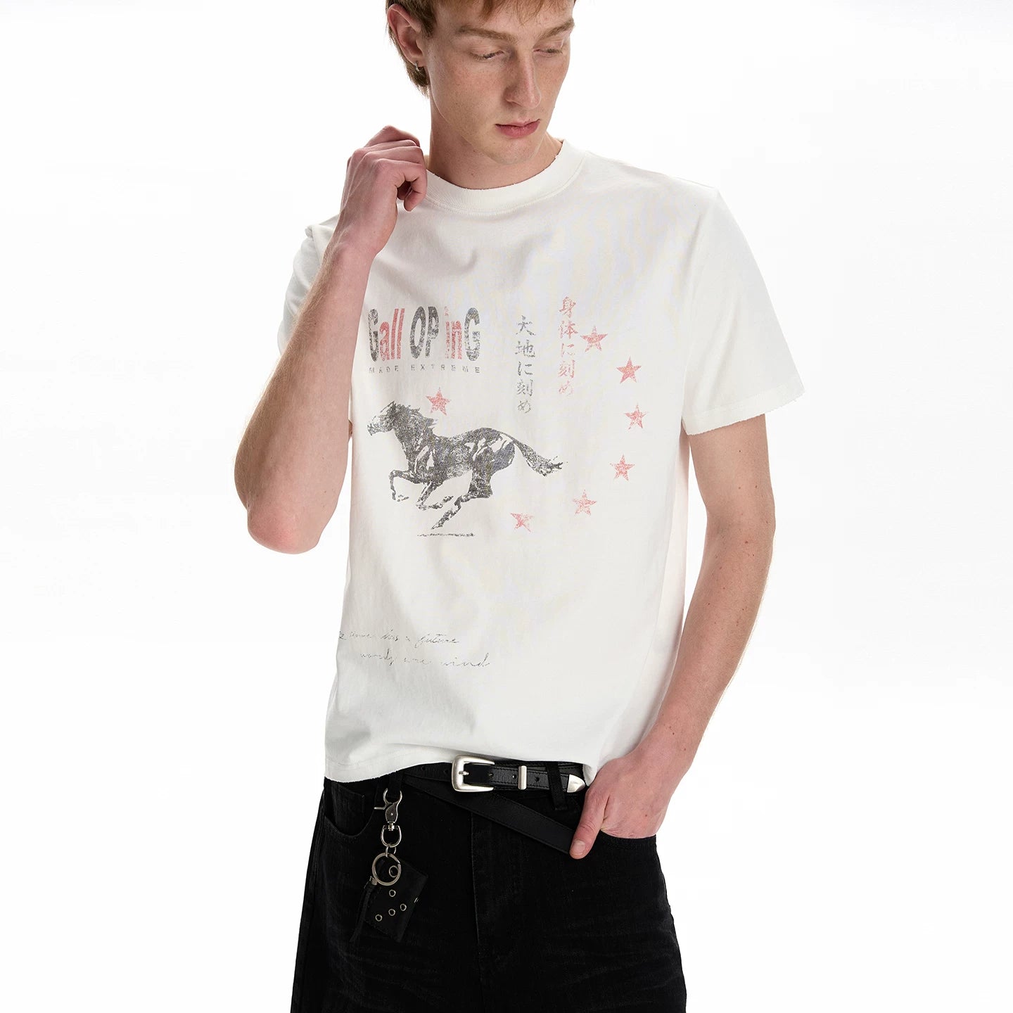 A PUEE Retro Fading Horse Year Printed Short sleeved T-shirt Cleanfit Commuter Versatile Shoulder Short Top Summer