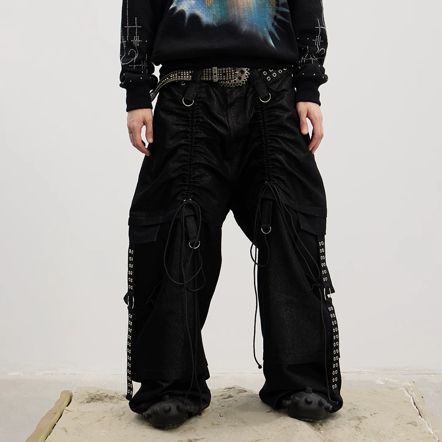 DND4DES original deconstruction design, ium Reebok pants with adjustable pleats, strap pockets, workwear jeans
