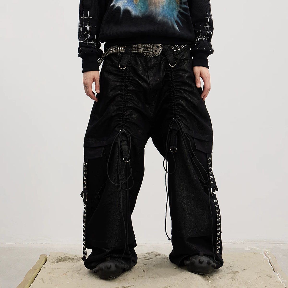 DND4DES original deconstruction design, ium Reebok pants with adjustable pleats, strap pockets, workwear jeans