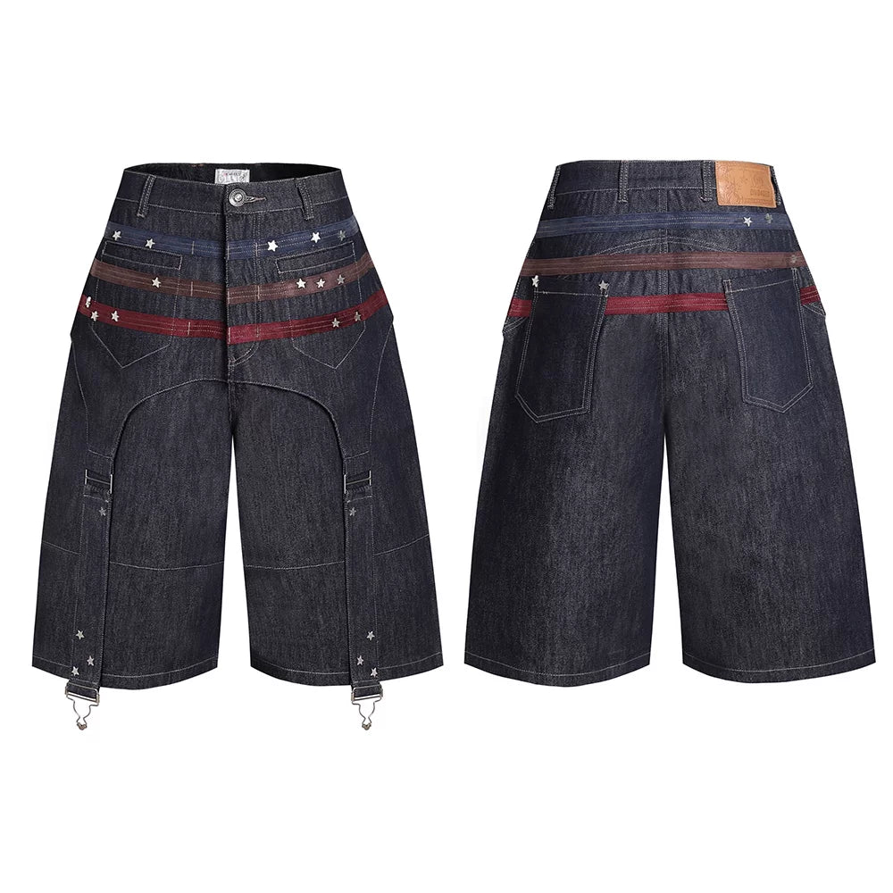 Sun Ensheng Luzhuo Same Style DND4DES Star Suede Splicing Danning Original Cow Seven Point Shorts Cowboy Mid Pants