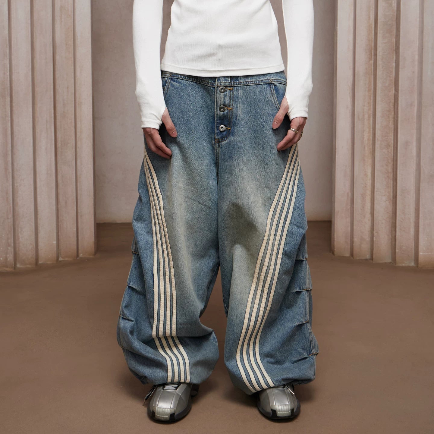 DND4DES Chen Sihan's same American retro heavy-duty washed distressed pleated striped patchwork wide leg jeans