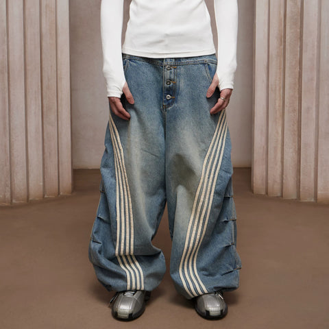 DND4DES Chen Sihan's same American retro heavy-duty washed distressed pleated striped patchwork wide leg jeans