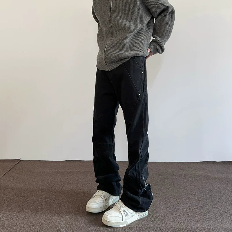 Apuee American High Street Vibe Zipper Split Make Old Black Jeans Men's and Women's Straight Tube Micro Pull Show Thin Pants