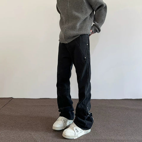 Apuee American High Street Vibe Zipper Split Make Old Black Jeans Men's and Women's Straight Tube Micro Pull Show Thin Pants