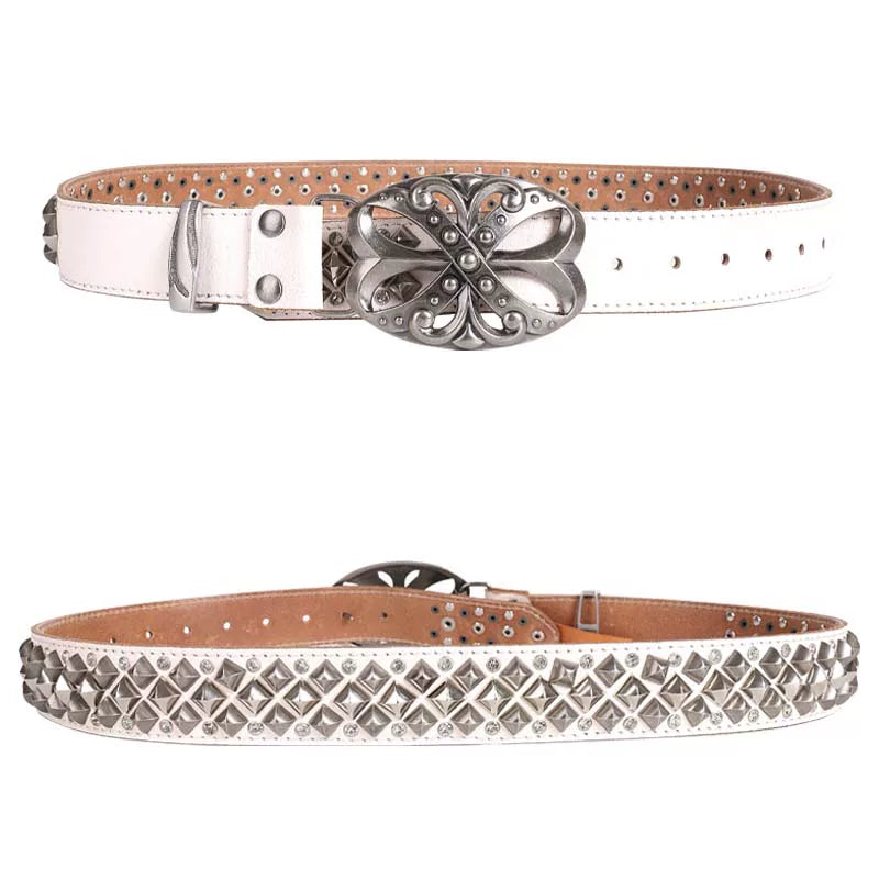 Retro punk style rhinestone leather belt, unisex rivet metal belt