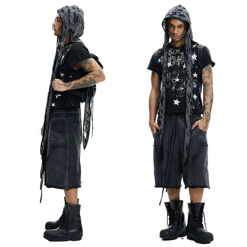 Wang Heye The same DND4DES original dark punk star print curled shoulder T-shirt American slim short sleeve