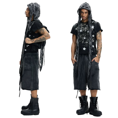 Wang Heye The same DND4DES original dark punk star print curled shoulder T-shirt American slim short sleeve